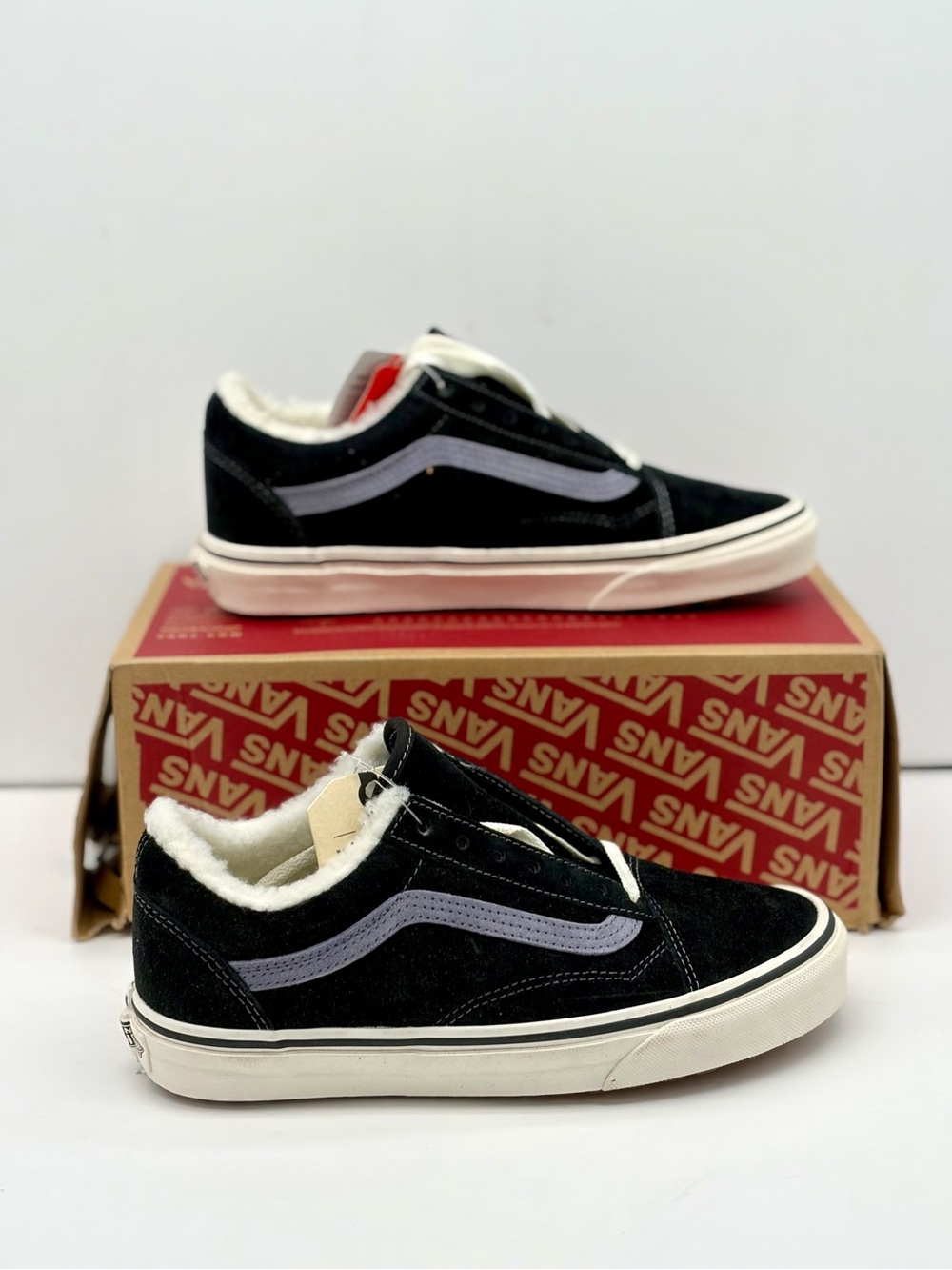 Vans Black Suede Old Skool Sneakers with White Sherpa Lining